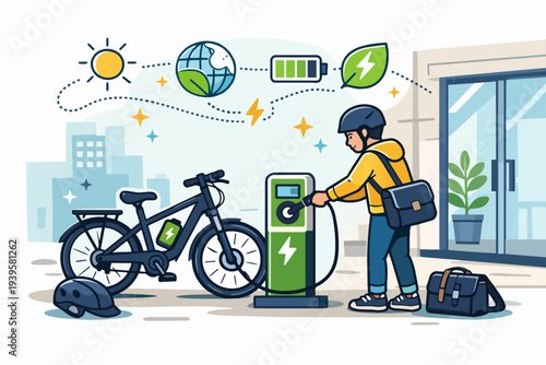 Person charging an electric bike at station, promoting green energy and eco-friendly transport