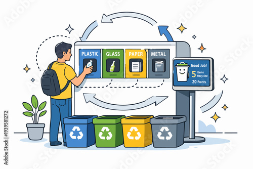 Person sorting waste in smart recycling machine, earning points for sustainability