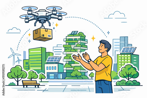Drone delivering package to man in smart city, sustainable future urban logistics