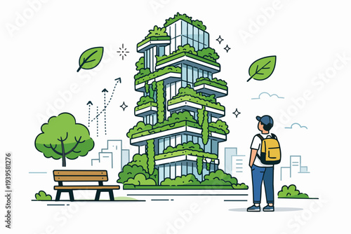 Student observing a sustainable green building in a city park