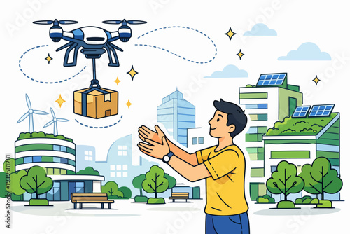 Drone delivering package to man in green city representing sustainable future