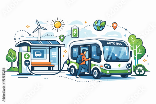 Electric bus charging at station, promoting green public transport and sustainability