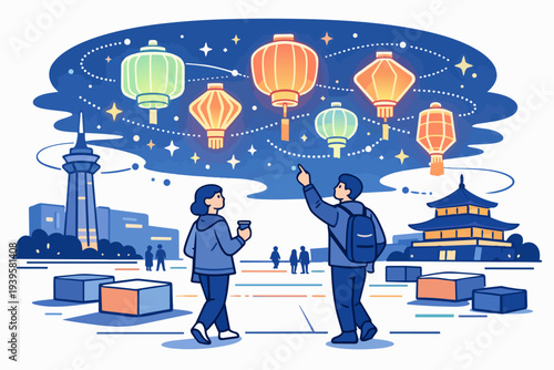 Tourists enjoying namsan tower and traditional temple during a lantern festival night