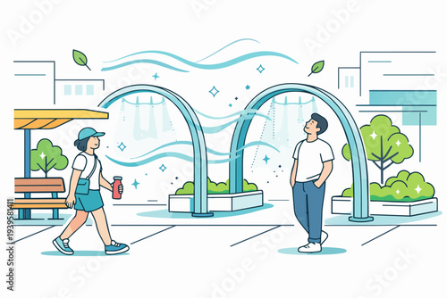 Urban eco-friendly cooling system providing fresh air and refreshing mist in city park