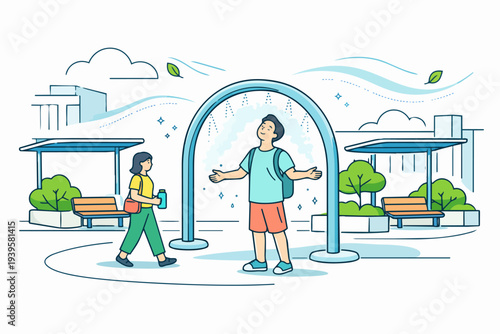 People cooling off at urban misting station during hot summer day