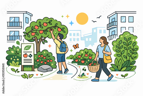 People harvesting fresh fruit in a community urban garden with city buildings