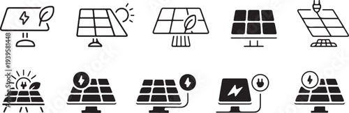 solar icon set black and white solar panel symbols