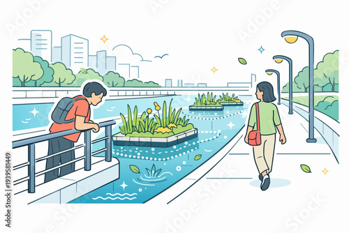 People enjoying urban park river walk, seeing floating gardens enhancing city nature