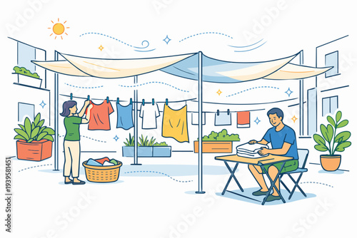 Couple collaborating on laundry day under sun, hanging and folding clothes outdoors