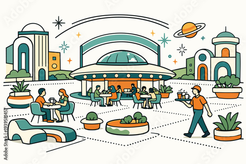 People relaxing at a futuristic space cafe with a hovering building and planet