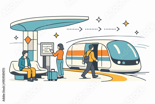 Passengers waiting and boarding modern public transport at a futuristic station