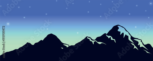 Starry Night Sky Over Silhouette Mountain Peaks Gradient Horizon