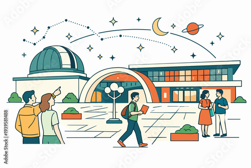 People visiting an observatory and planetarium, exploring astronomy and space