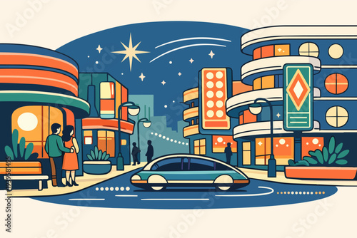 Couple admiring retro futurism city skyline at night with a streamlined car