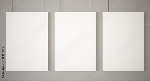Three blank posters hanging on wall in modern minimalist interior