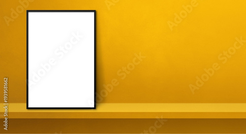 Modern blank poster on vibrant yellow background with shelf