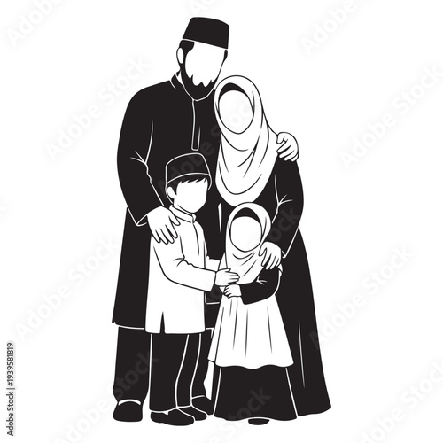 Muslim family portrait silhouette illustration showing happy parents and children