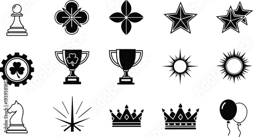 Black silhouette collection of trophy cups crowns stars clover and chess pieces isolated on white background vector illustration for achievement success and celebration design assets.