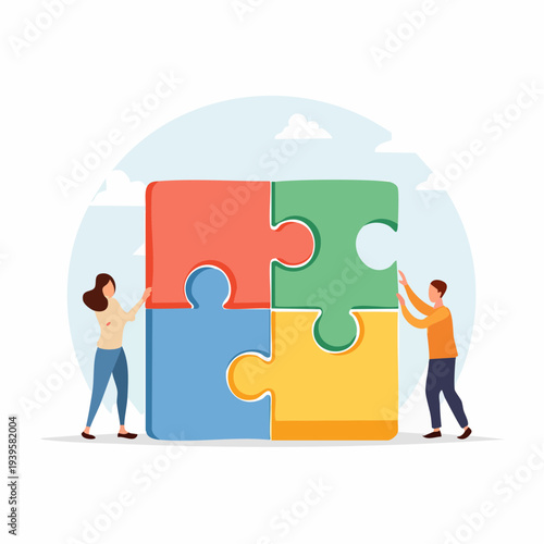 Collaborative puzzle assembly by diverse individuals symbolizing teamwork and shared goals in a professional setting, illustrating cooperation and unity