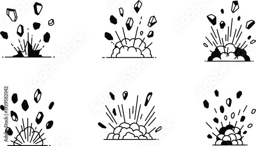 Set of minimalist explosion and impact line art icons depicting debris flying upwards ideal for game design comic books or graphic elements