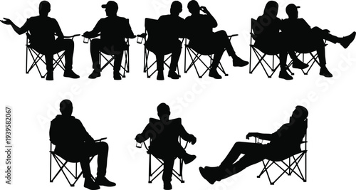 Black silhouettes of people sitting in folding chairs