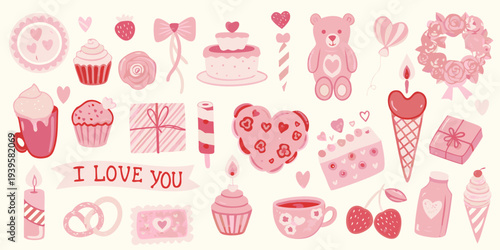 A collection of pastel pink illustrated sweets and romantic elements