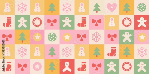 Festive holiday patterns with gingerbread men snowflakes and christmas trees