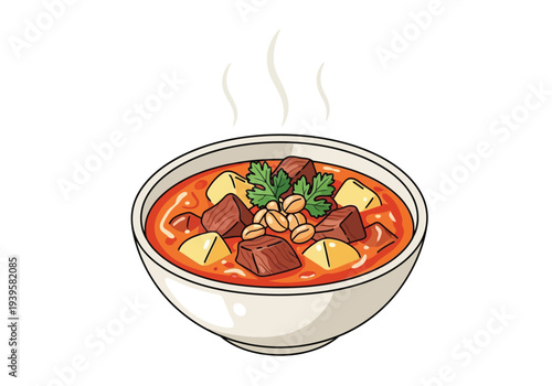 A warm and hearty bowl of beef stew with potatoes and garnished with peanuts and parsley, emanating steam.