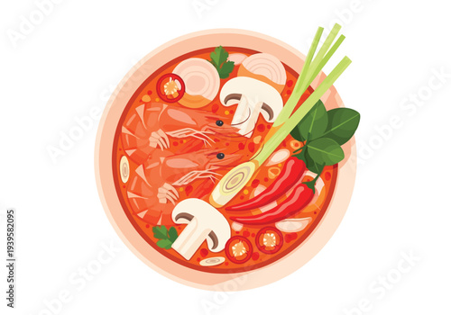 An overhead view of a spicy Thai Tom Yum soup with succulent shrimp, sliced mushrooms, and traditional aromatic herbs.