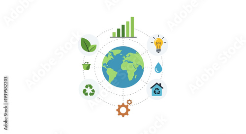 Global Sustainability and Circular Economy Concept with Earth, Eco-Friendly Icons, Energy, Growth, and Recycling