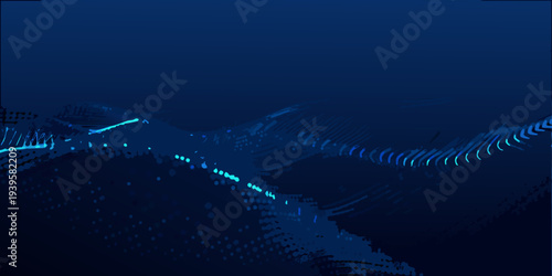 Abstract blue landscape with glowing lines and dotted patterns