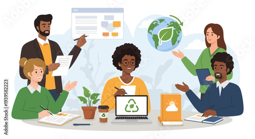 Diverse Team Collaborating on Sustainable Business & Environmental Initiatives. ESG, CSR, Green Strategy & Eco-Friendly Projects.