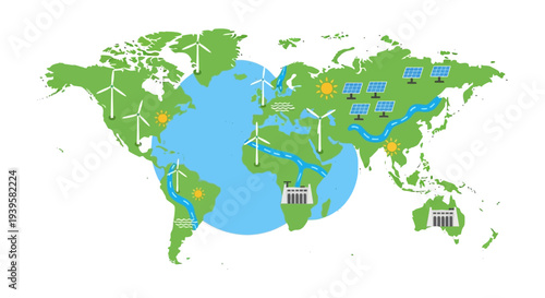Global Renewable Energy Map: Sustainable Power Sources Worldwide – Wind, Solar, Hydro Illustration