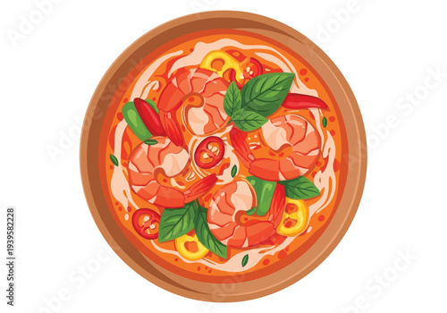 An appetizing top-down view of a vibrant shrimp dish with colorful bell peppers, tomatoes, and aromatic basil leaves.