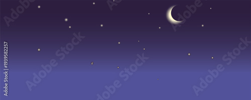 Crescent Moon and Scattered Stars in Deep Purple Blue Night Sky Gradient