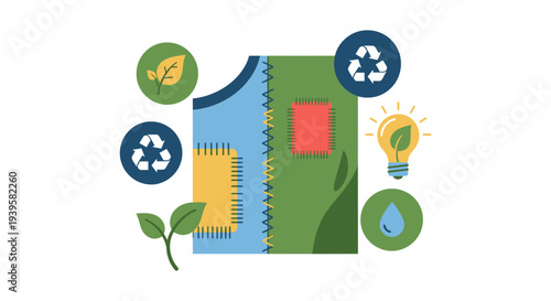Sustainable Fashion & Circular Economy Concept: Upcycled Clothing with Eco-Friendly Icons for Environmental Responsibility