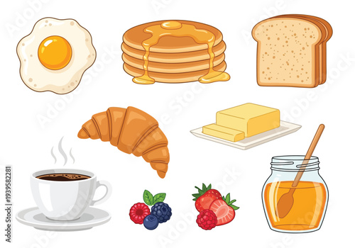 A wholesome and inviting cartoon breakfast spread featuring golden pancakes, a fried egg, fresh berries, and a cup of coffee.