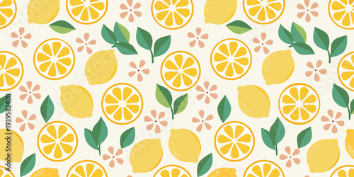 A vibrant pattern of lemons leaves and delicate pink blossoms