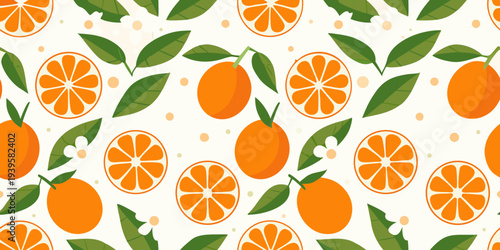 Seamless pattern featuring vibrant orange slices whole oranges and green leaves