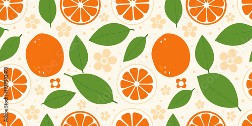 Bright orange and green citrus fruit pattern on a pale background