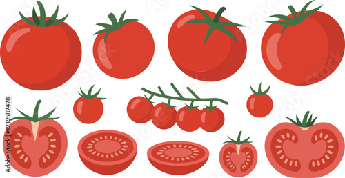 Fresh ripe red tomatoes, whole and sliced, on white background, healthy food ingredients collection