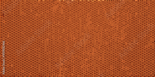 An intricate pattern of abstract shapes fills a warm terracotta background