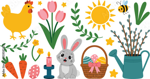 Spring holiday illustration with Easter bunny, chicken, tulips, carrots, eggs, sun, bee, and watering can