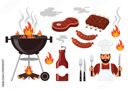 An illustration of a backyard barbecue setup with a charcoal grill, dancing flames, various meats, and a chef holding cutlery.