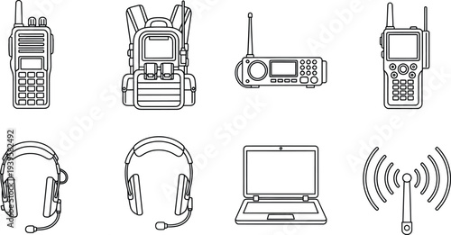 Collection of wireless communication and technology icons featuring radio transceivers headsets and a laptop in a minimalist line art style ideal for digital interfaces