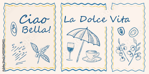 Italian themed sketches featuring coffee wine and a seaside scene