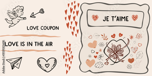 A whimsical love coupon design with hearts cupids and floral elements