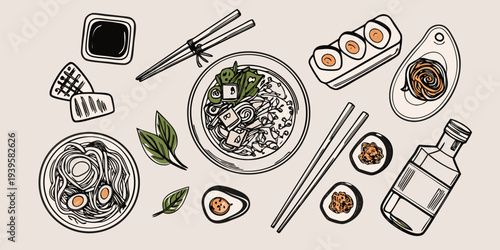 A colorful flat lay illustration of various japanese food items