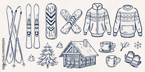 Winter sports equipment cozy cabin and festive holiday elements sketch