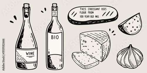 Sketch of wine bottles cheese croissant and a fig with handwritten text